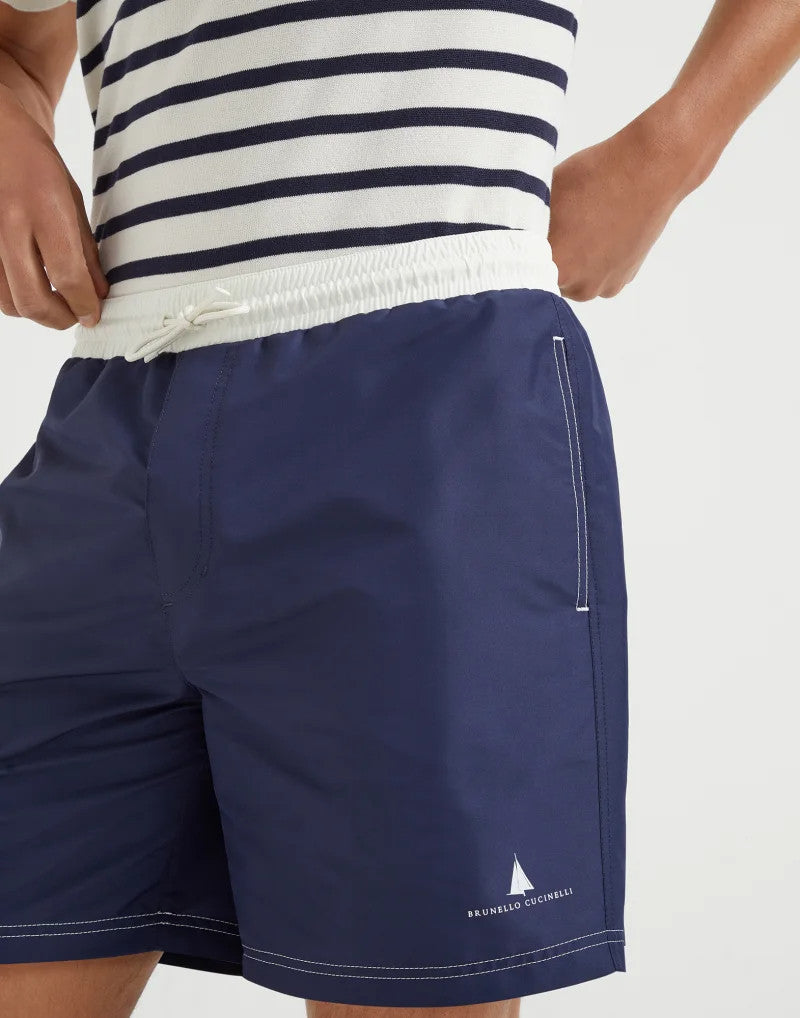 Brunello Cucinelli  Nylon Swim Shorts With Contrast Details And Print Men's Spring Summer Holiday Beach Shorts Colour Block Fashion Casual Pants #77277