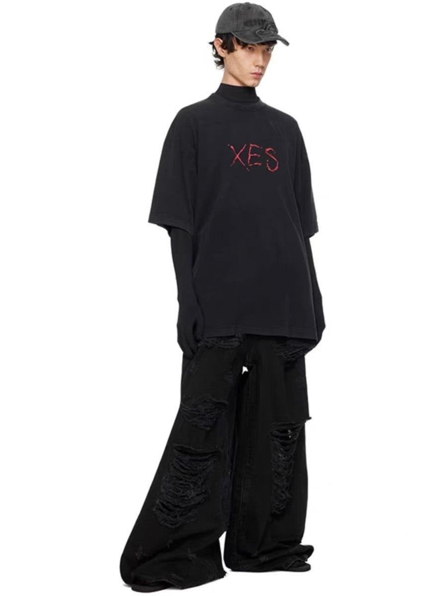 Vetements Men's Summer Letter Printed Cotton Round Neck Straight Short Sleeve Black T-Shirt #71615