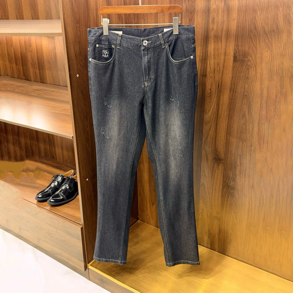 Brunello Cucinelli Men's Spring/Autumn Solid Colour Embroidered Logo Pure Cotton Denim Trousers Pants #77883