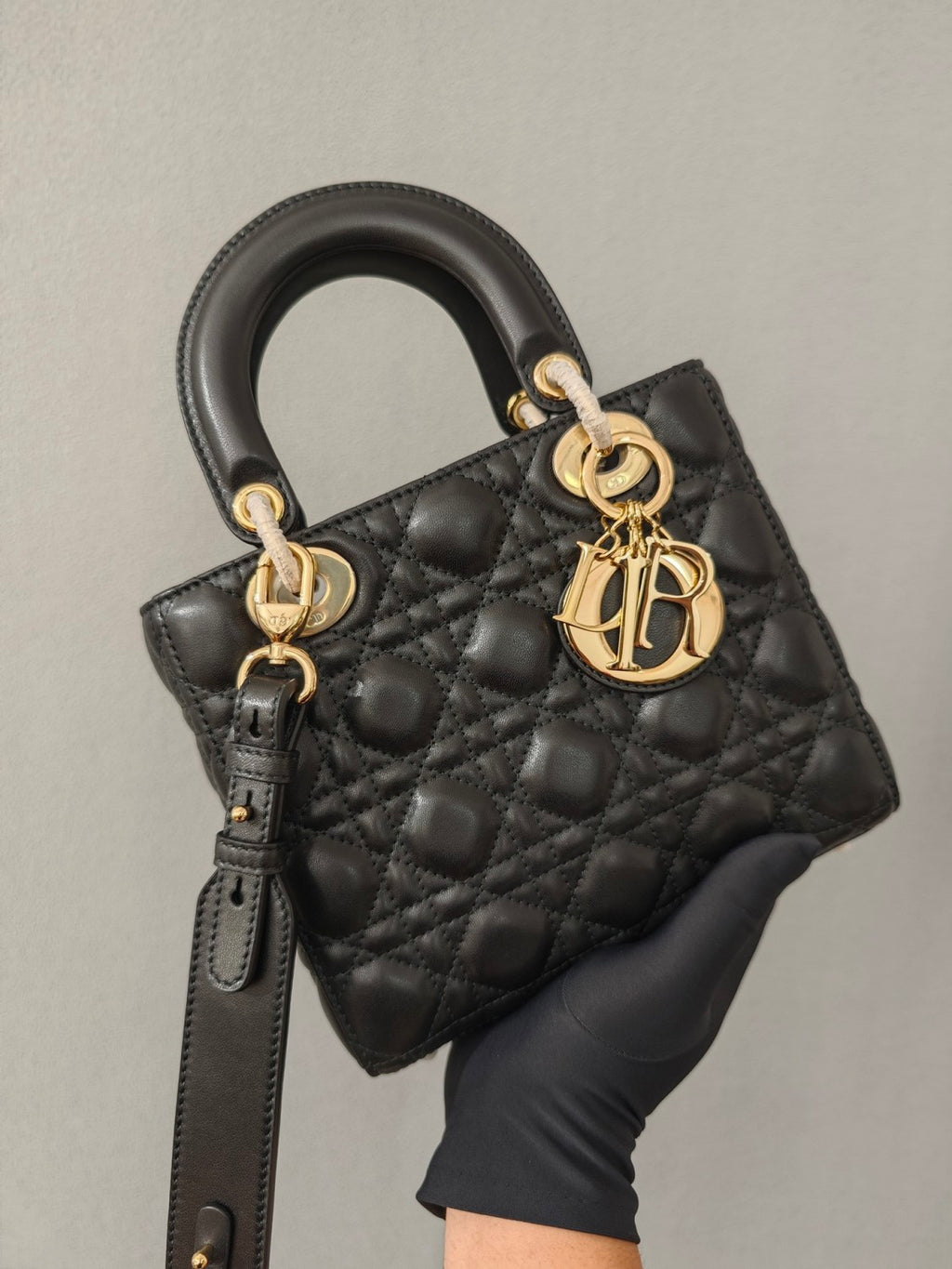 Dior Small Lady Dior My Abcdior Handbag In Glacier Blue Lambskin With Quiltoir Pattern. Four Square Compartments Black Satin Leather Featuring A Black Lacquered Clasp—princess Diana-style Crossbody Bag Bags M0538ONGE #197196