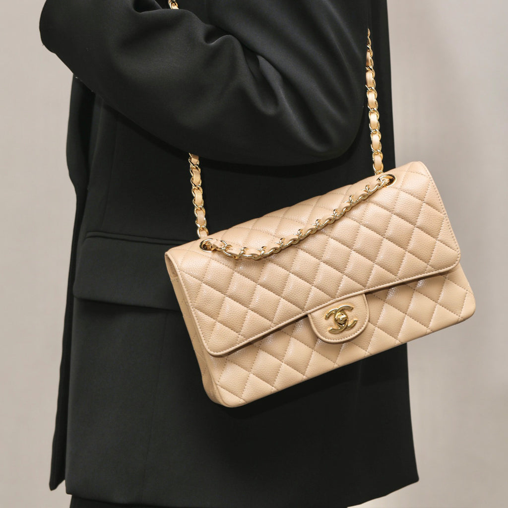 Chanel Classic Flap CF 23/25 Classic Chain Grainy Calfskin Mouth Cover Bag Shoulder Crossbody Medium Large Women's Beige Bag Bags A01112-Y01864-21209 #81232