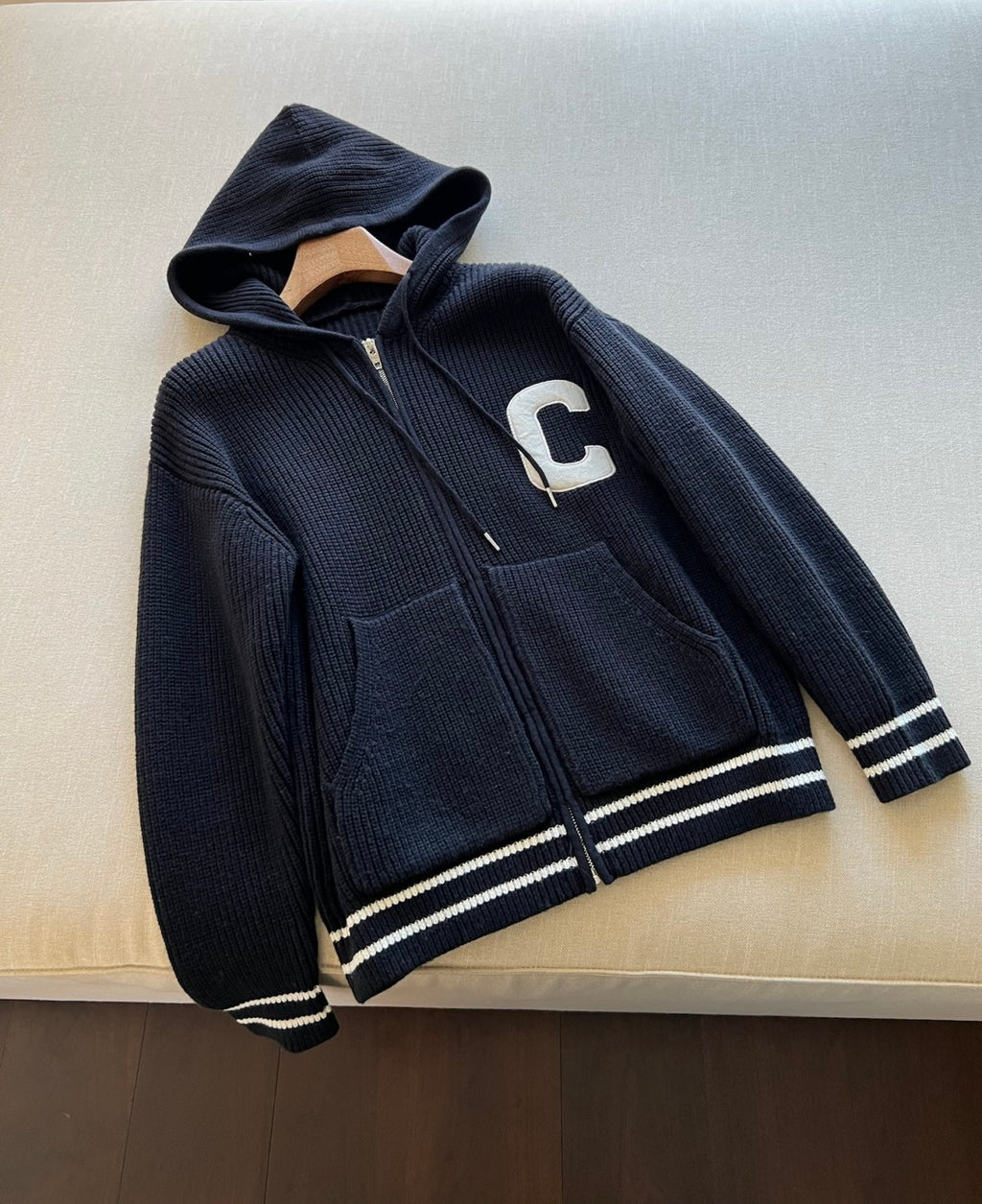 Celine Men's Spring and Autumn Solid Color Knit Hooded Drawstring Zipper Long Sleeve Jacket #75345