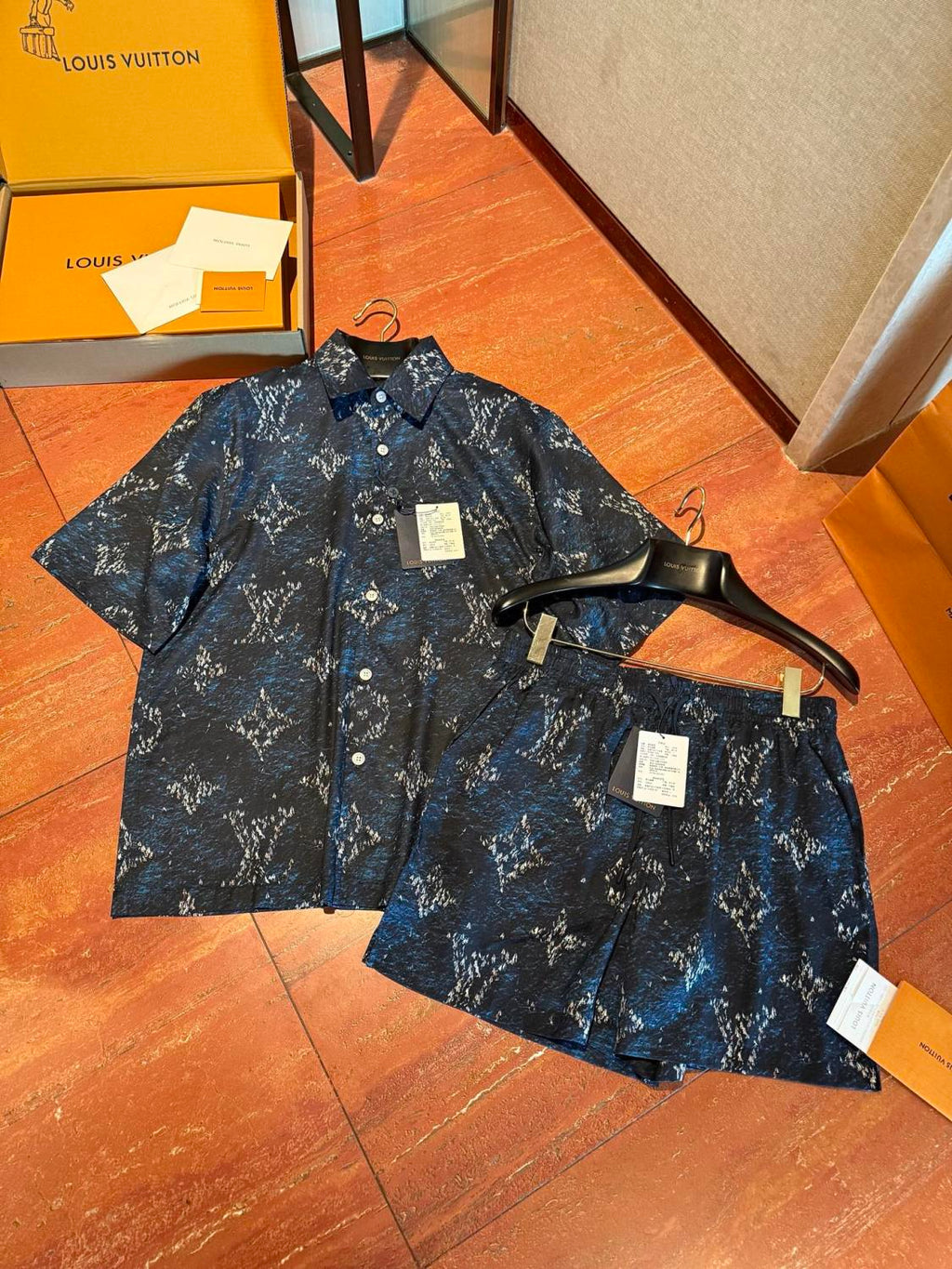 Louis Vuitton Men's Summer Logo Print Single Breasted Silk Short Sleeved Shirt And Casual Drawstring Shorts Suit Set #76997