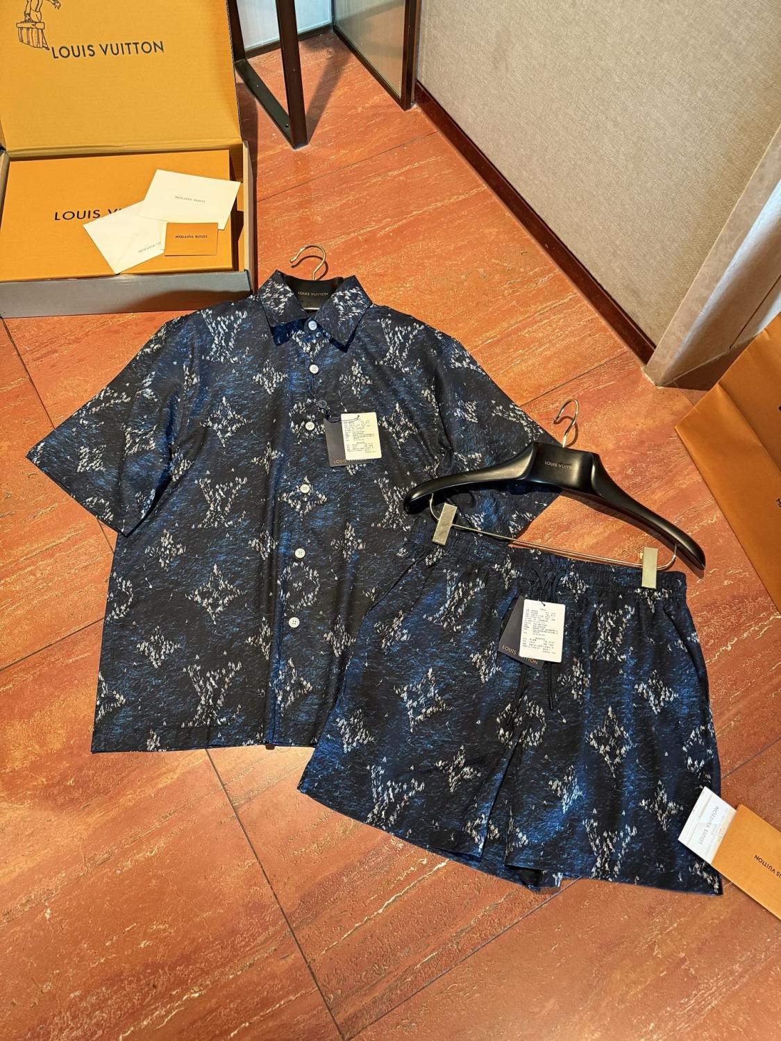 Louis Vuitton Men's Summer Logo Print Single Breasted Silk Short Sleeved Shirt And Casual Drawstring Shorts Suit Set #76997