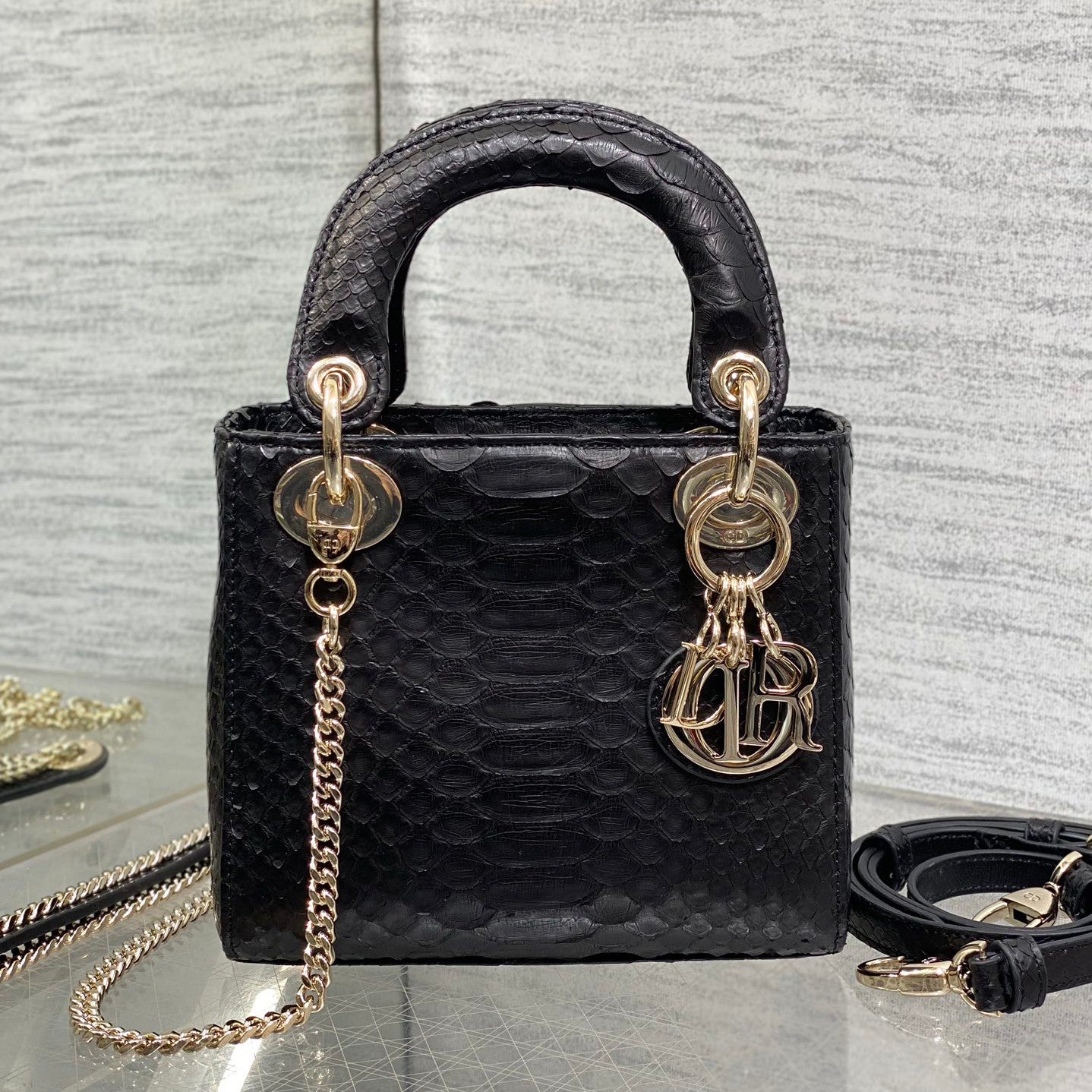 Dior Lady Women's Solid Color Metal Pendant Detachable Chain Shoulder Strap Snake Skin Single Shoulder Crossbody Handbag Bag Bags #77722