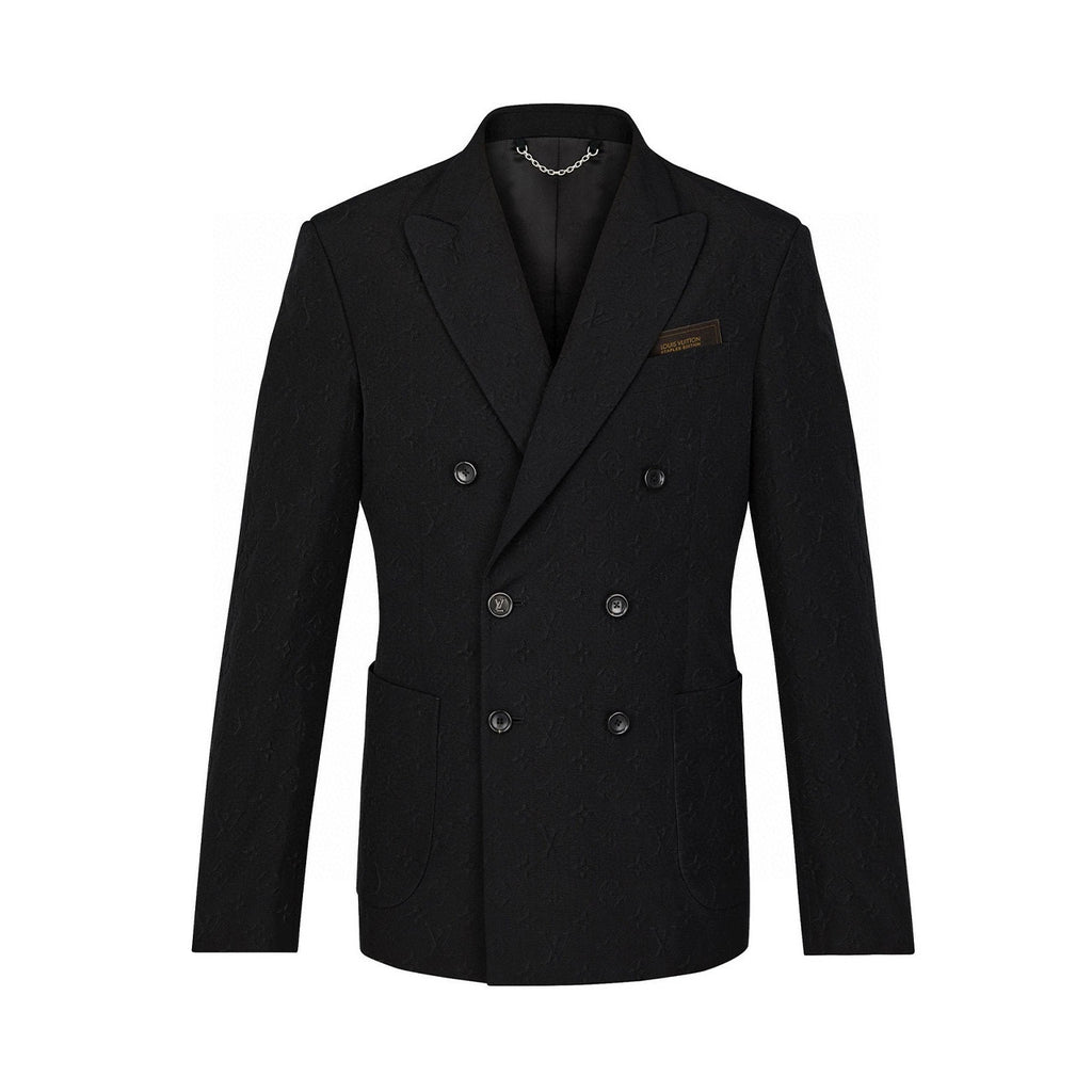 Louis Vuitton Men's Spring And Autumn Embossed Monogram Double Breasted Lapel Long sleeved Black Blazer Jacket #98638