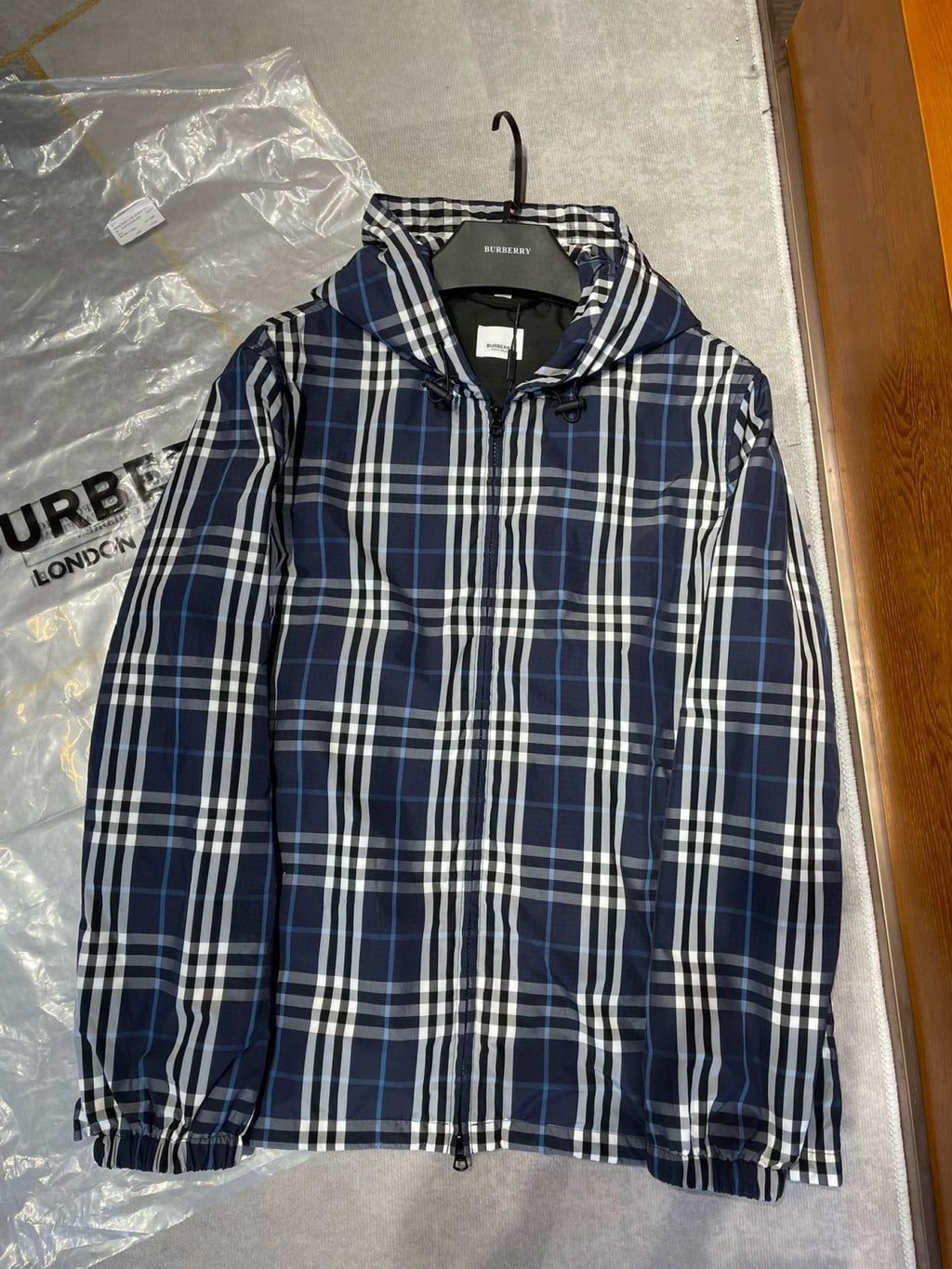 Burberry Men's Spring and Autumn Blue Plaid Hooded Zipper Long Sleeve Jacket #98568