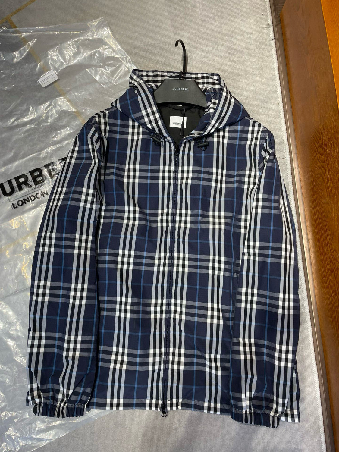 Burberry Men's Spring and Autumn Blue Plaid Hooded Zipper Long Sleeve Jacket #98568