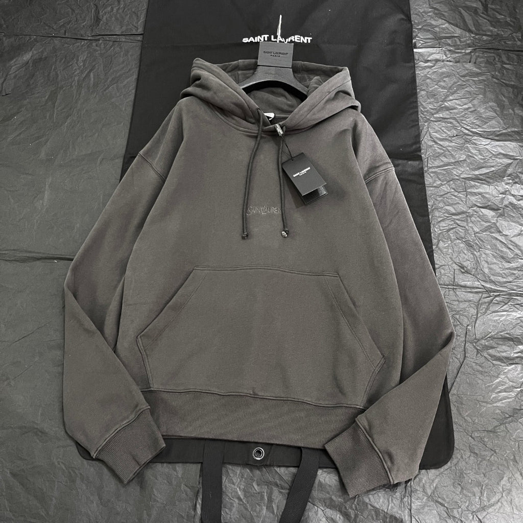 Saint Laurent Men's Spring/Autumn Solid Colour Casual Letter Embroidery Hooded Drawstring Pullover Long Sleeve Sweatshirt Pullover Hoodie #78282