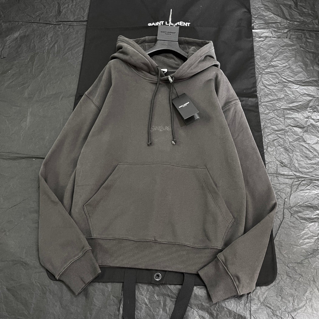 Saint Laurent Men's Spring/Autumn Solid Colour Casual Letter Embroidery Hooded Drawstring Pullover Long Sleeve Sweatshirt Pullover Hoodie #78282