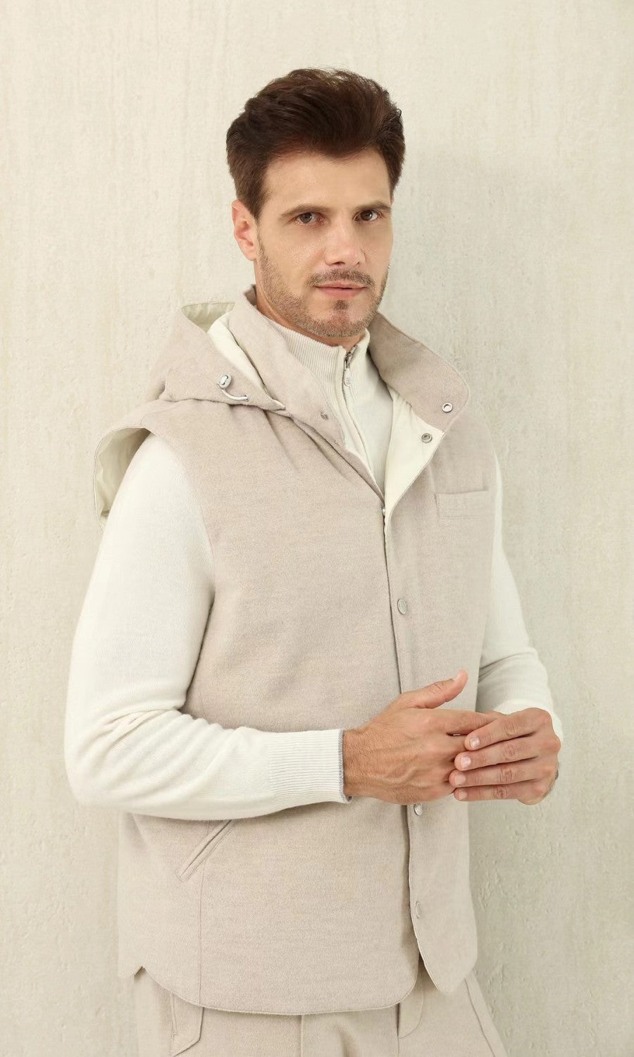 Brunello Cucinelli Men's Spring/Autumn Detachable Hooded Solid Color Single-Breasted Bonded Wool Flannel Down Vest Ngvp #2293