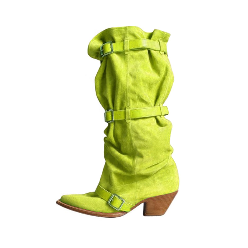 RRR-123 Women's Segment Buckle Strap Vintage Cowboy Stacked Boots Autumn And Winter Solid Color Leather Tall Boots Casual Shoes Heel High 5cm Ngvp #1837