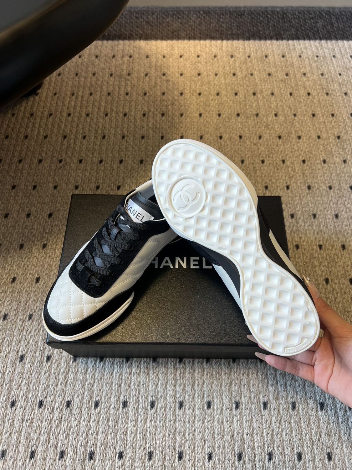 Chanel Trainers Calfskin Suede Kidskin White Black #377371