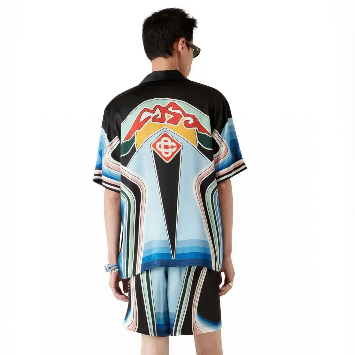Casablanca Men's Summer Fashion Casual Crew Neck Geometric Mountain Pattern Silk Short-Sleeve T-Shirt Elastic Drawstring Mountain Pattern Silk Shorts Suit Set #78591