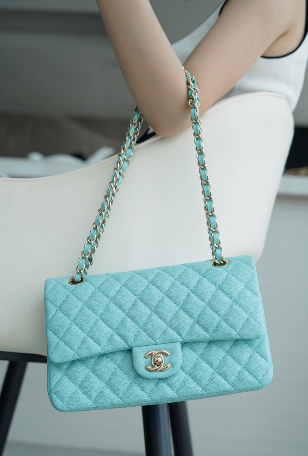 Chanel Women Classic Flap Solid Color Particle Embossed Calfskin Chain Bag Mouth Cover Bag Casual Shoulder Bags CF #71675