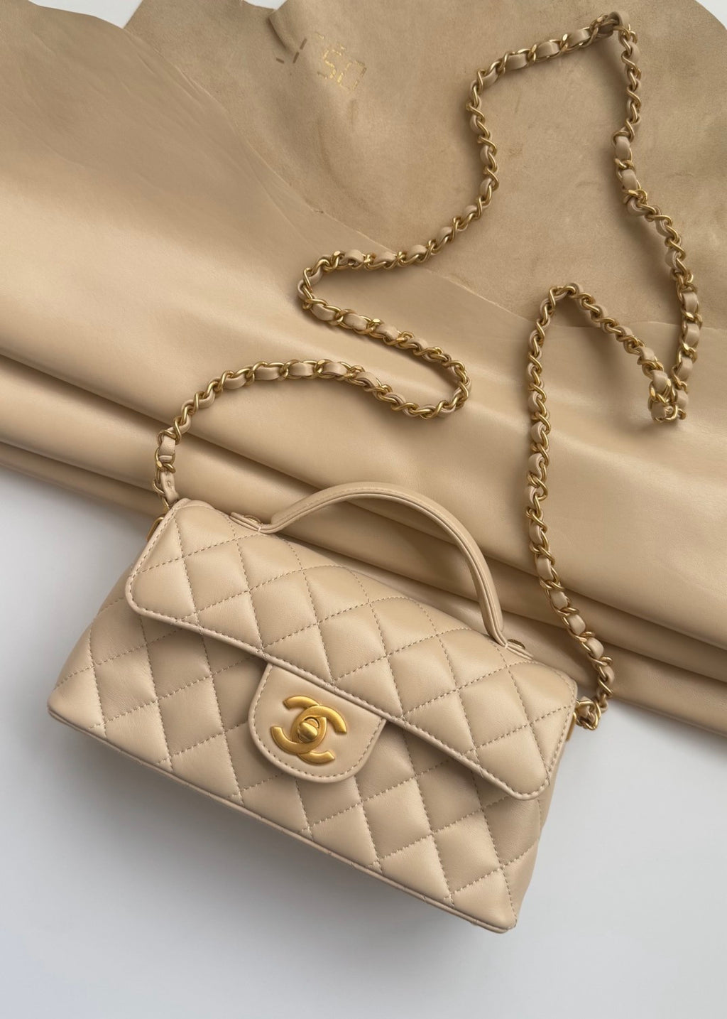 Chanel Women's Horizontal Trumpet Apricot Kelly Bag Lambskin Apricot Antique Gold Buckle Shoulder Crossbody Handbag #332359