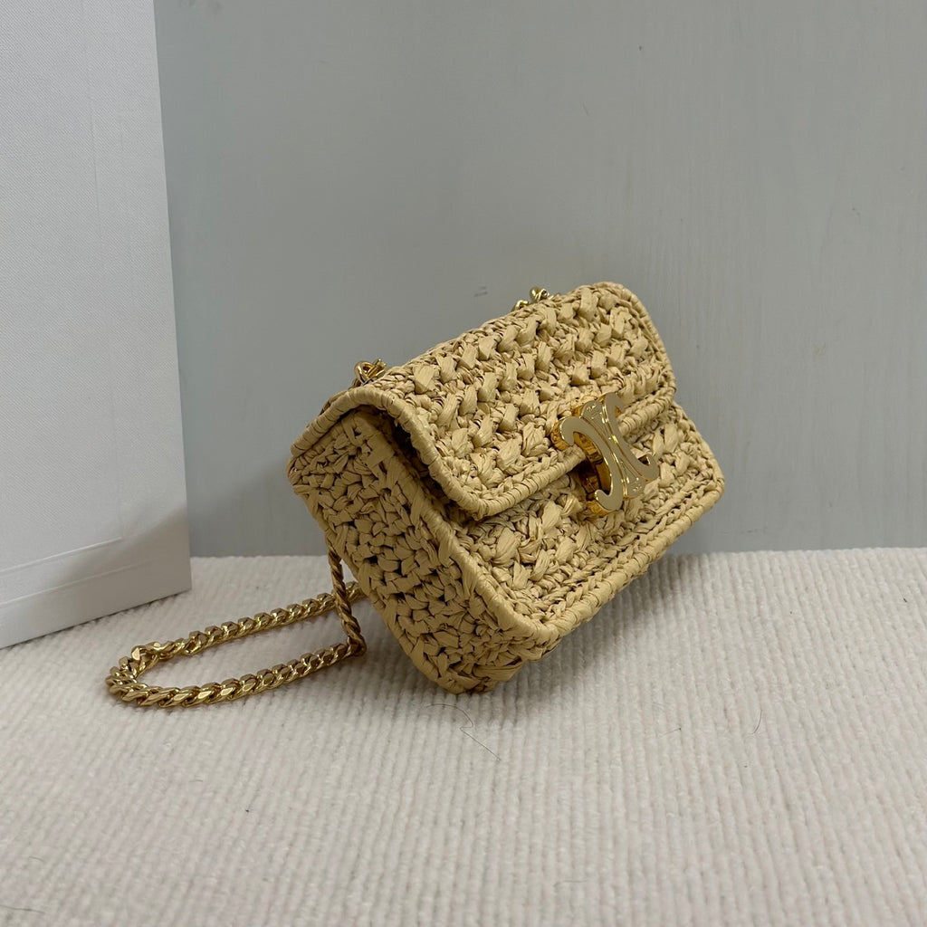 Celine TRIOMPHE Women's Monogrammed Gold Buckle Raffia Woven Solid Color Crossbody Shoulder Bag Bags #76673