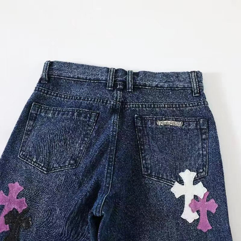 Chrome Hearts Men's and Women's Spring and Fall Cross Calfskin Labeled Blue Jeans Pants #76119