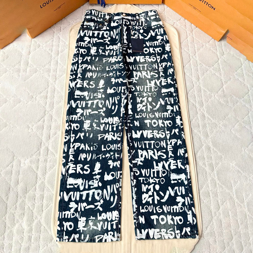 Louis Vuitton Men's Spring/Fall Fashion Casual Full Letter Graffiti Jeans Pants #79433