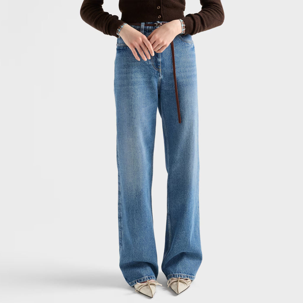 Prada Women's Spring And Fall Five-pocket Jeans Loose Retro Washed Fashion Elegant Triangle Metal Emblem Logo Straight Long Denim Pants  #81442