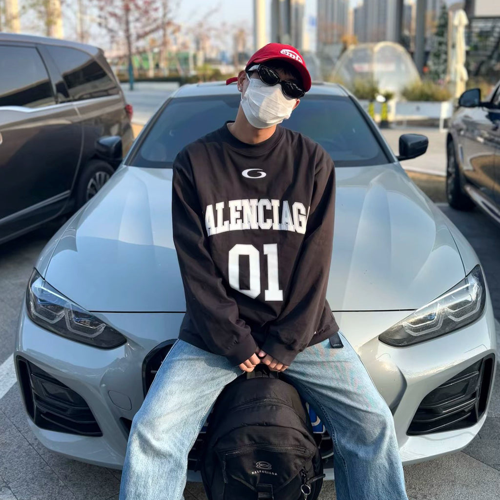 Balenciaga Basketball Series Men's Washed Black White Vintage Plain Knit Oversized Fit Long Sleeve T-shirt Vintage 01 Jersey High Street T-shirt Top Spring Summer #71858