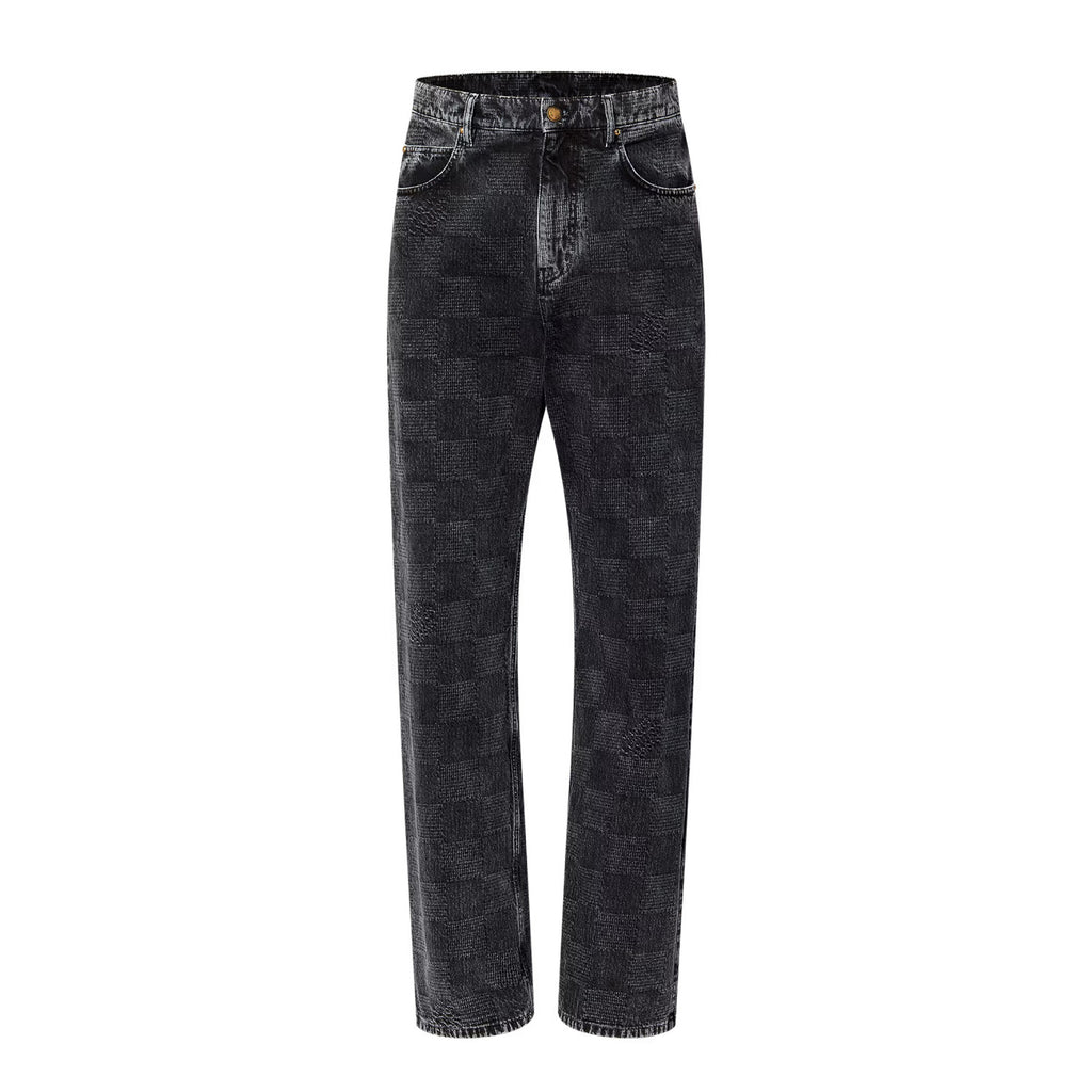 Louis Vuitton Men's Spring And Fall Black Embossed Pattern Stitching Zipper Long Sleeved Denim Jacket Plaid Casual Jeans Pants Suit Set #74288