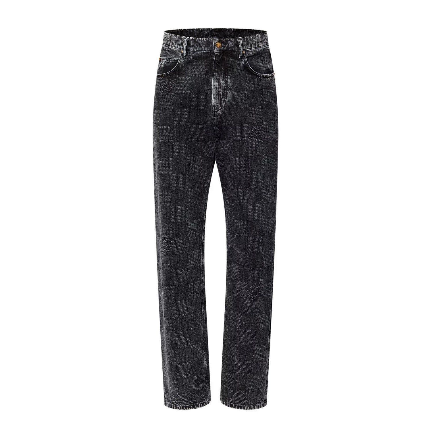 Louis Vuitton Men's Spring And Fall Black Embossed Pattern Stitching Zipper Long Sleeved Denim Jacket Plaid Casual Jeans Pants Suit Set #74288