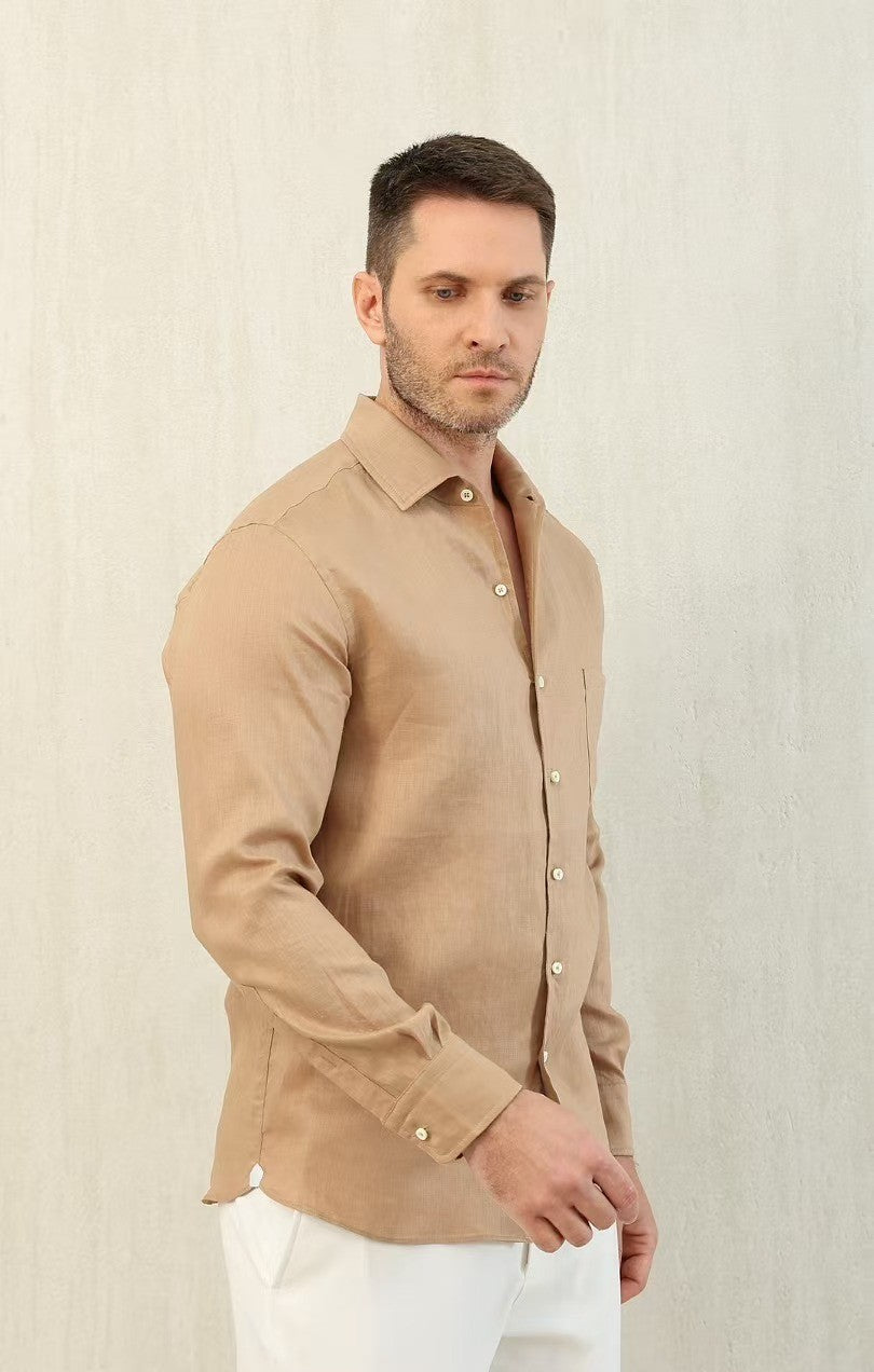 Loro Piana Men's Spring And Summer Solid Color André Shirt Lapel Single-breasted Linen Shirt Ngvp #7962