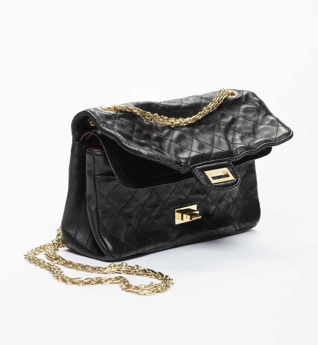 Chanel 26s Crushed Leather Traditional Classic 2.55 Vintage Calfskin Flap Bag With Black And Gold Chain Crossbody Bag Lady Bags A37586 #197121