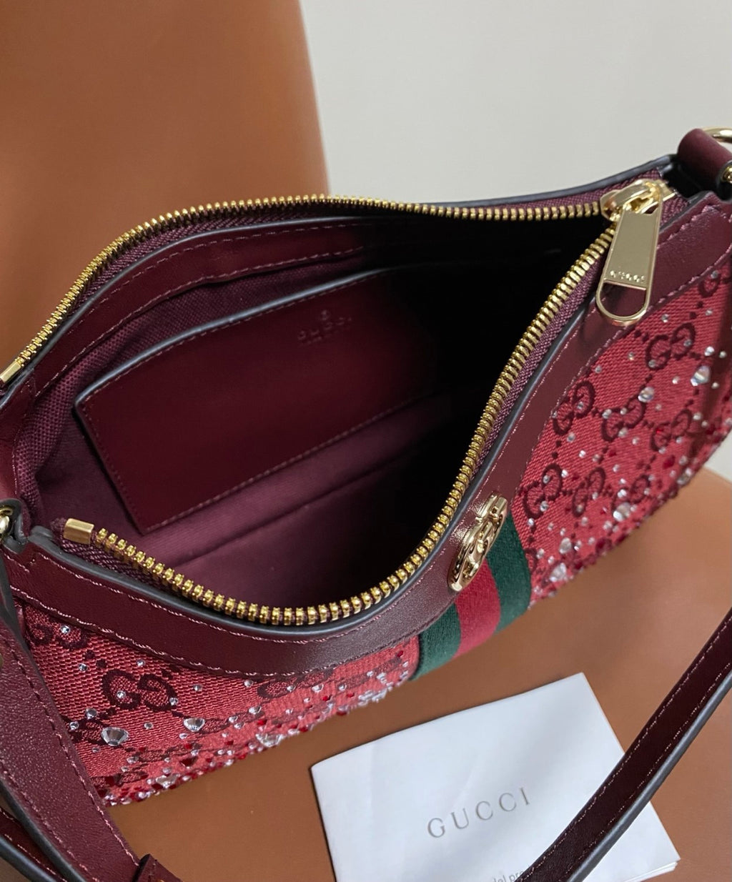 Gucci Ophidia crystals small shoulder bag in Rosso Ancora red GG canvas #335871