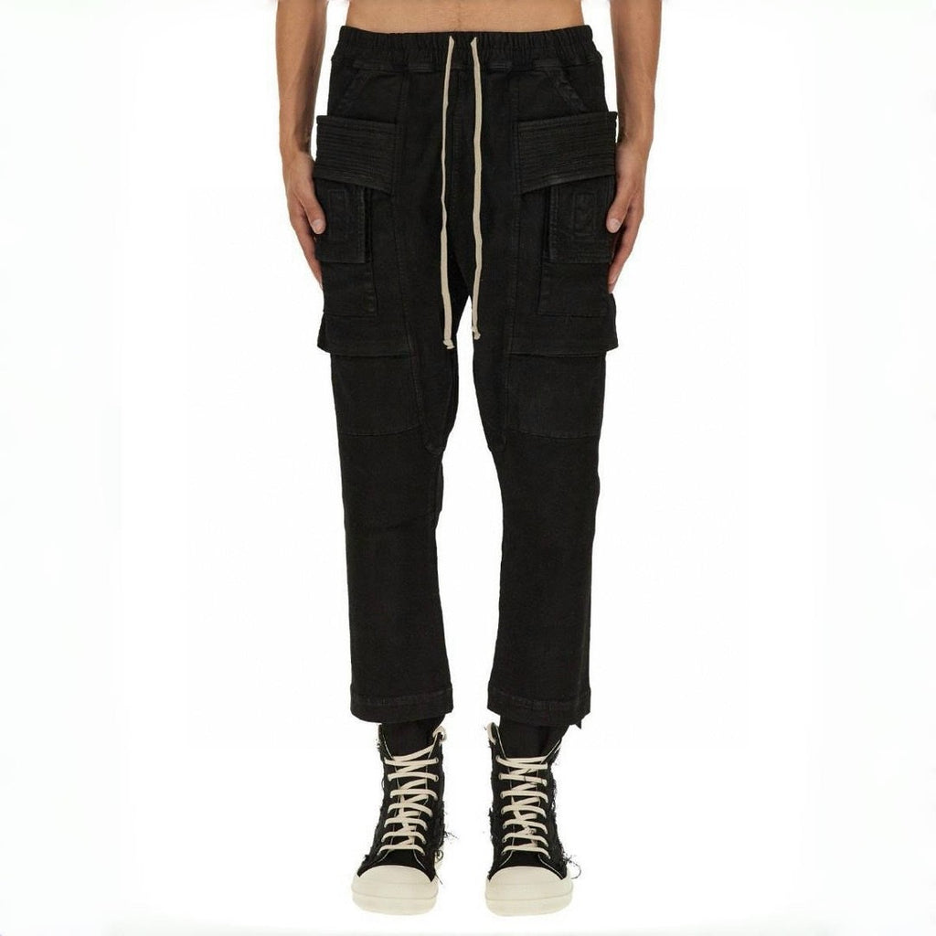 Rick Owens Men's Spring and Autumn Black Large Pocket Cotton Lace-Up Casual Work Pants #73375