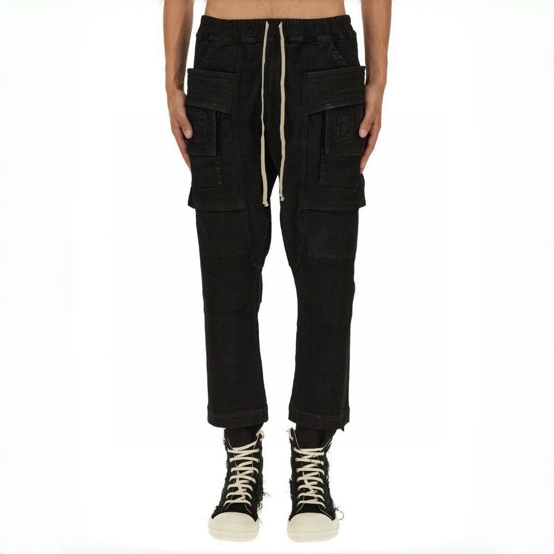 Rick Owens Men's Spring and Autumn Black Large Pocket Cotton Lace-Up Casual Work Pants #73375