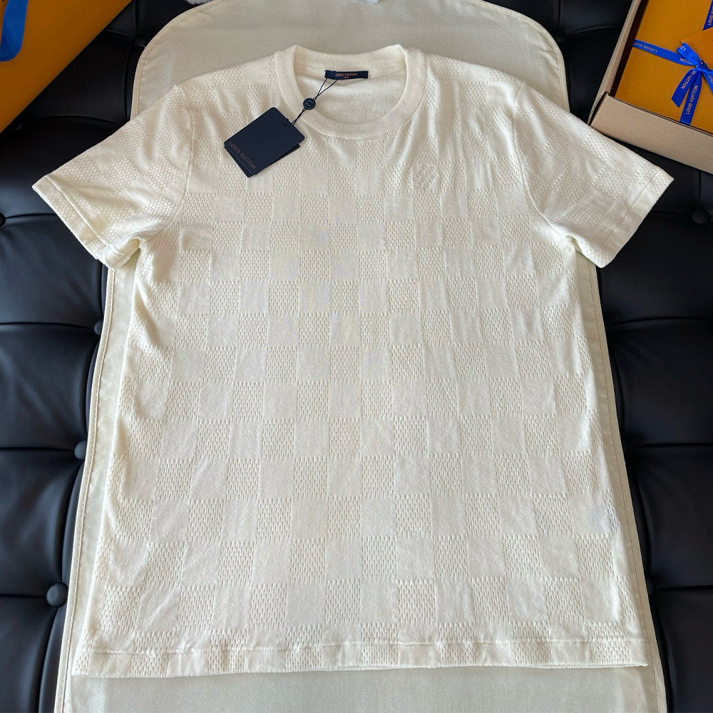Louis Vuitton  men's Summer Jacquard Plaid Openwork Knit Fashion Trend Round Neck T-shirt Drawstring Straight Shorts Set Suit #81363