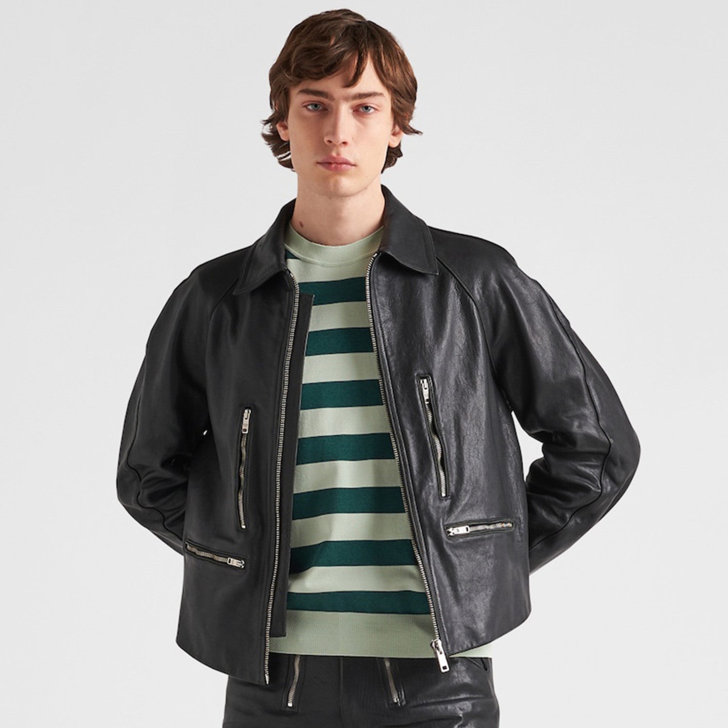 Prada Men's autumn and winter slim fit fashionable cowhide jacket long sleeved lapel zippered jacket #71225