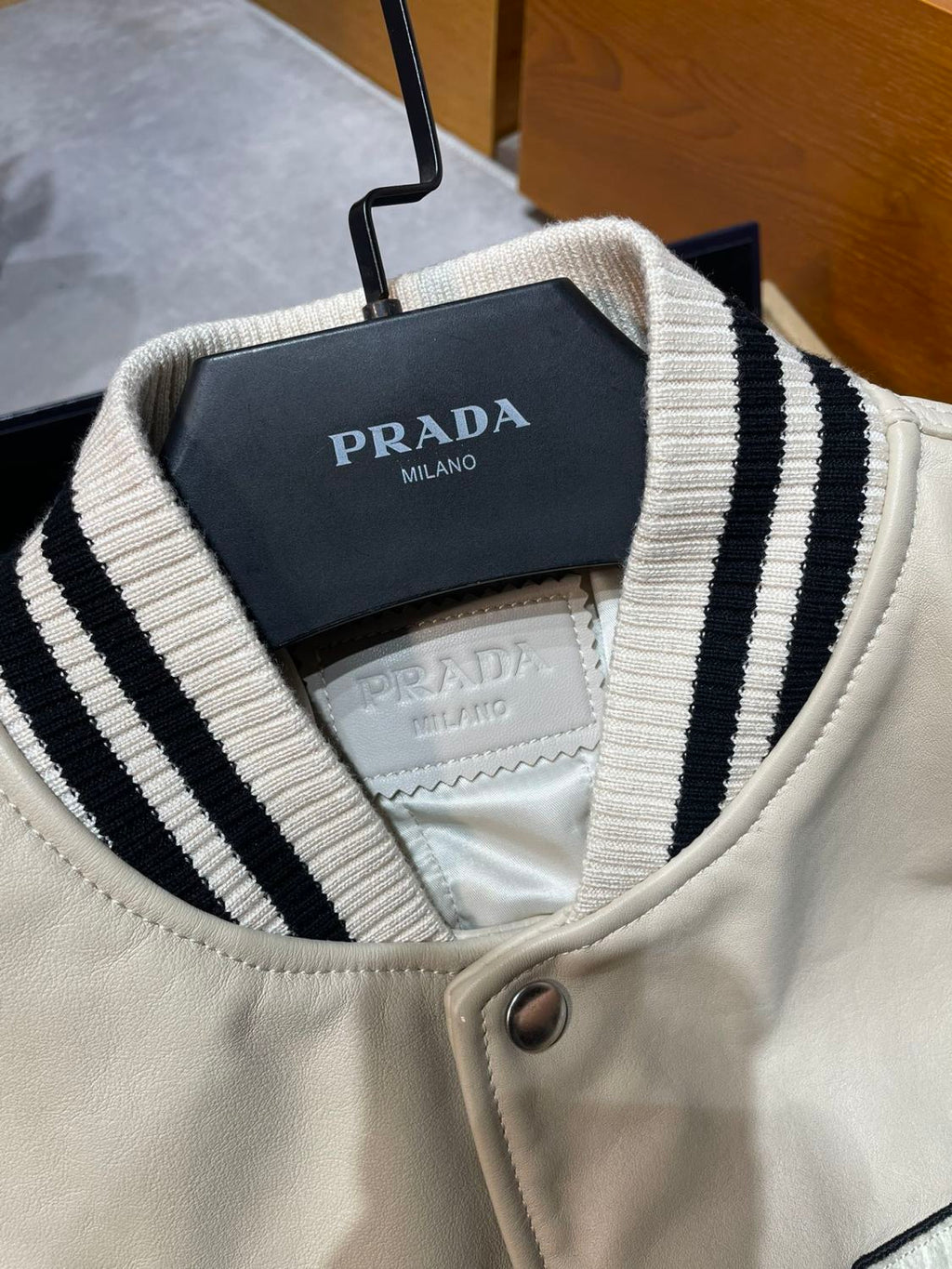 Prada Men's and Women's Spring and Autumn Solid Color Letter Logo Applique Zipper Leather Long Sleeve Jacket #73932