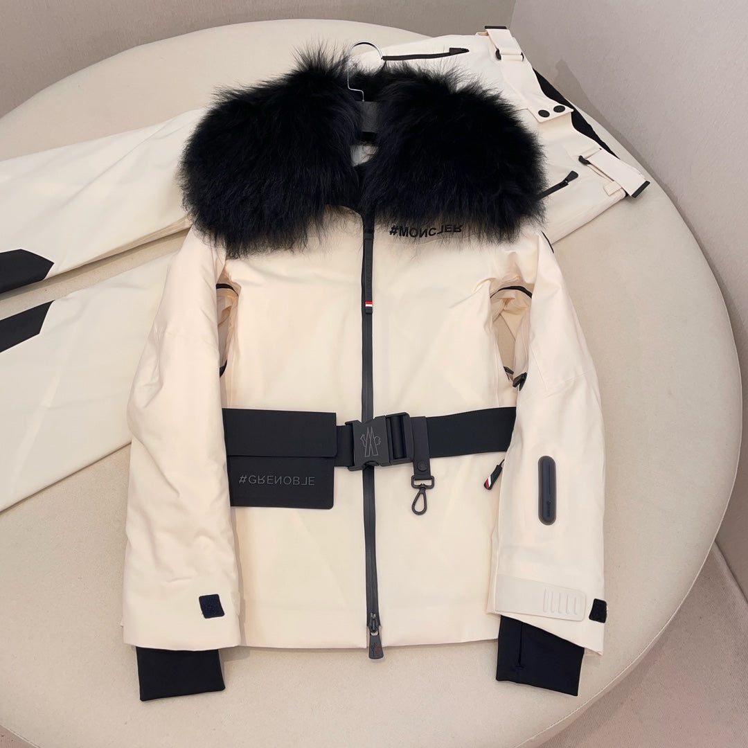 Moncler Grenoble Women's Autumn/winter Flap Lapel Zip Long Sleeve Jacket Ski Suit Letter Mid Waist Fitted Micro Casual Pants White #71795