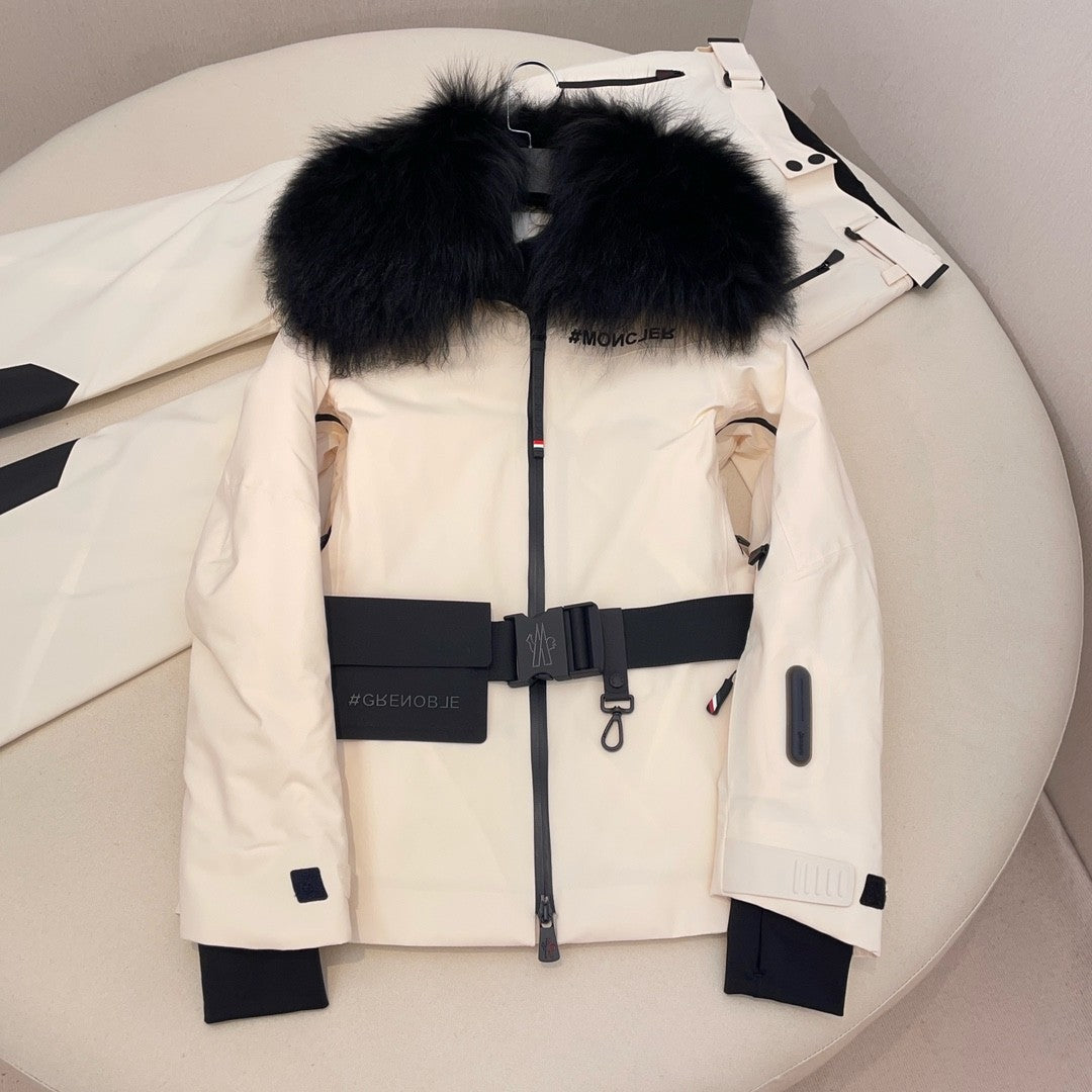 Moncler Grenoble Women's Autumn/winter Flap Lapel Zip Long Sleeve Jacket Ski Suit Letter Mid Waist Fitted Micro Casual Pants White #71795