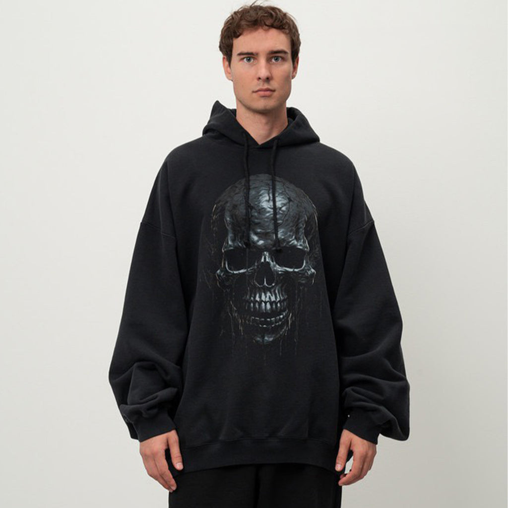Vetements Men's High Street Skull Print Punk Hip Hop Black Sweatshirt Spring Autumn Fashion Casual Hooded Drawstring Sweatshirt Top Ngvp #9862