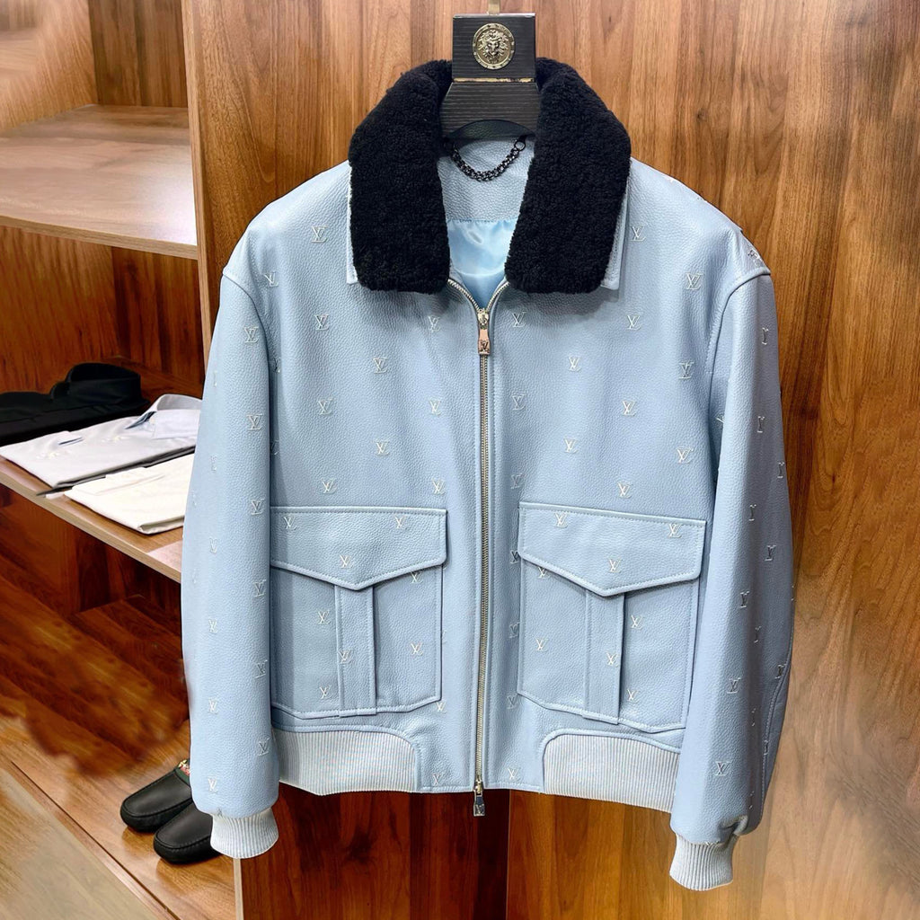 Louis Vuitton Men's Fall/winter Pilot Drawstring Jacket Solid Color Logo Jacquard Hair Collar Colorblocking Leather Jacket #71553