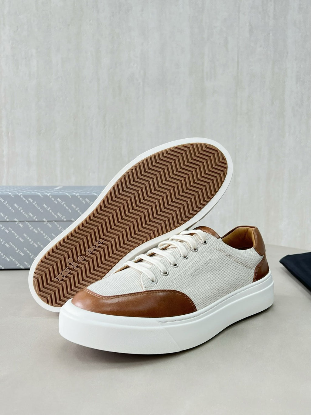 Kiton Men's Four Seasons Colour Block Canvas Leather Low Top Flat Lace Up Casual Shoes #76987