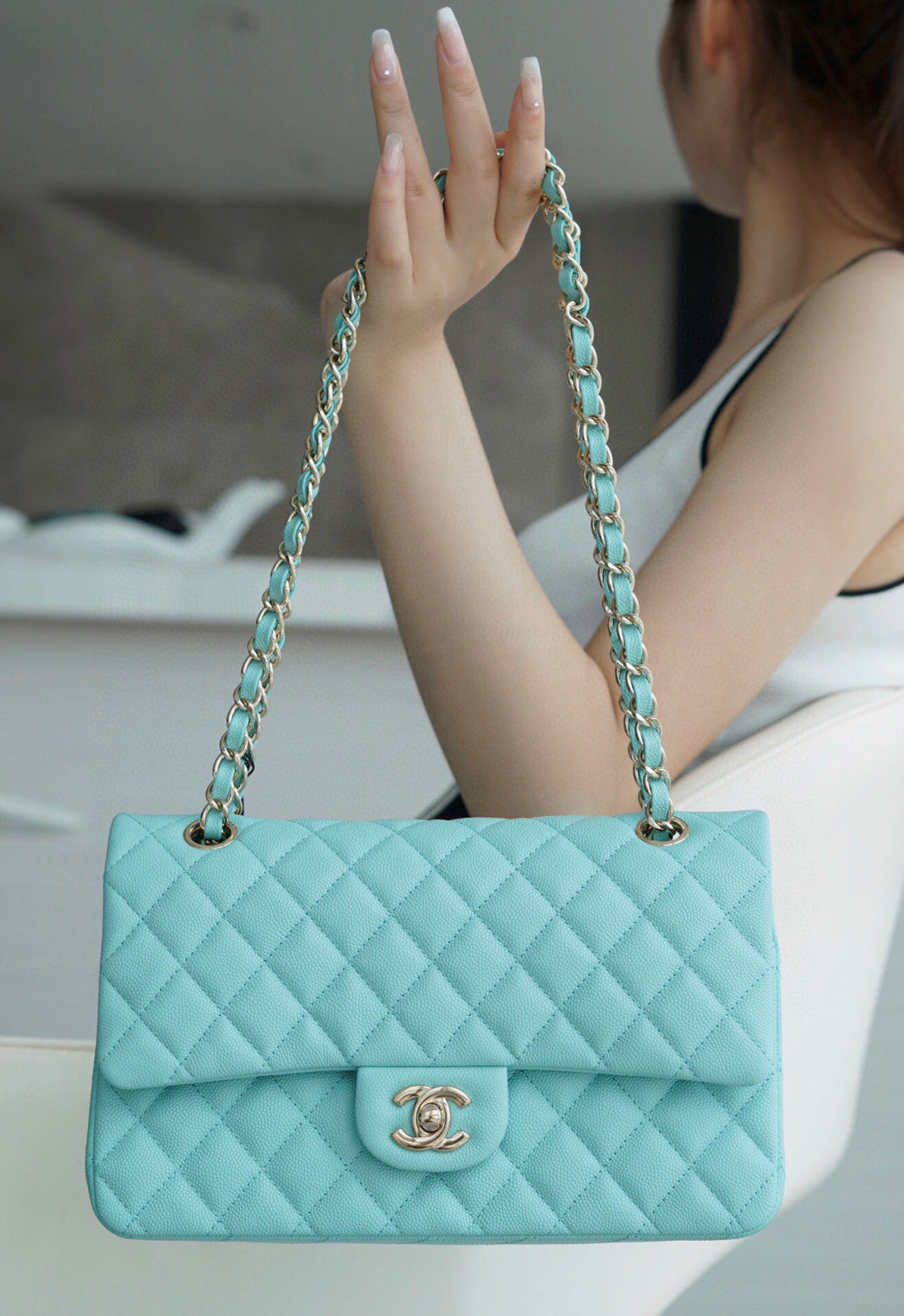 Chanel Women Classic Flap Solid Color Particle Embossed Calfskin Chain Bag Mouth Cover Bag Casual Shoulder Bags CF #71675