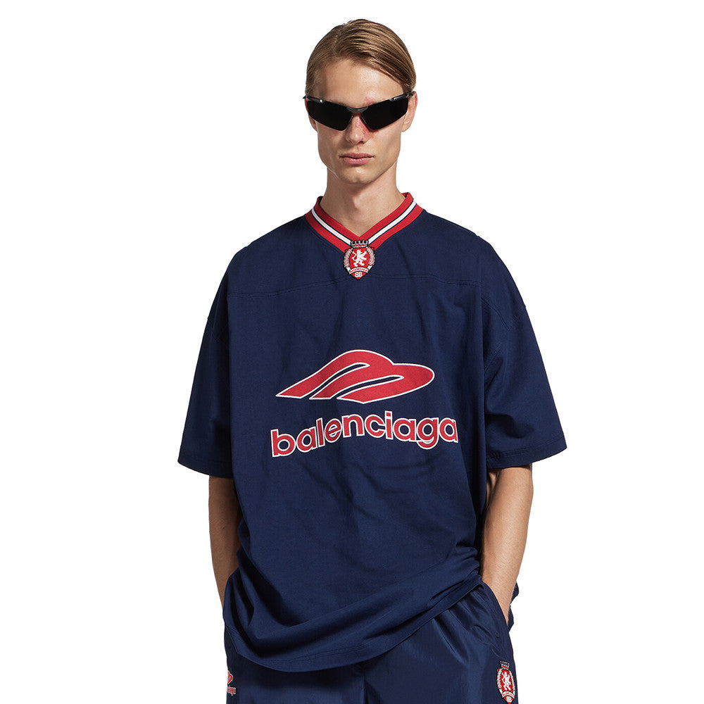 Balenciaga  Men's 3b Football V-neck T-shirt Oversized in Dark Navy red #334655