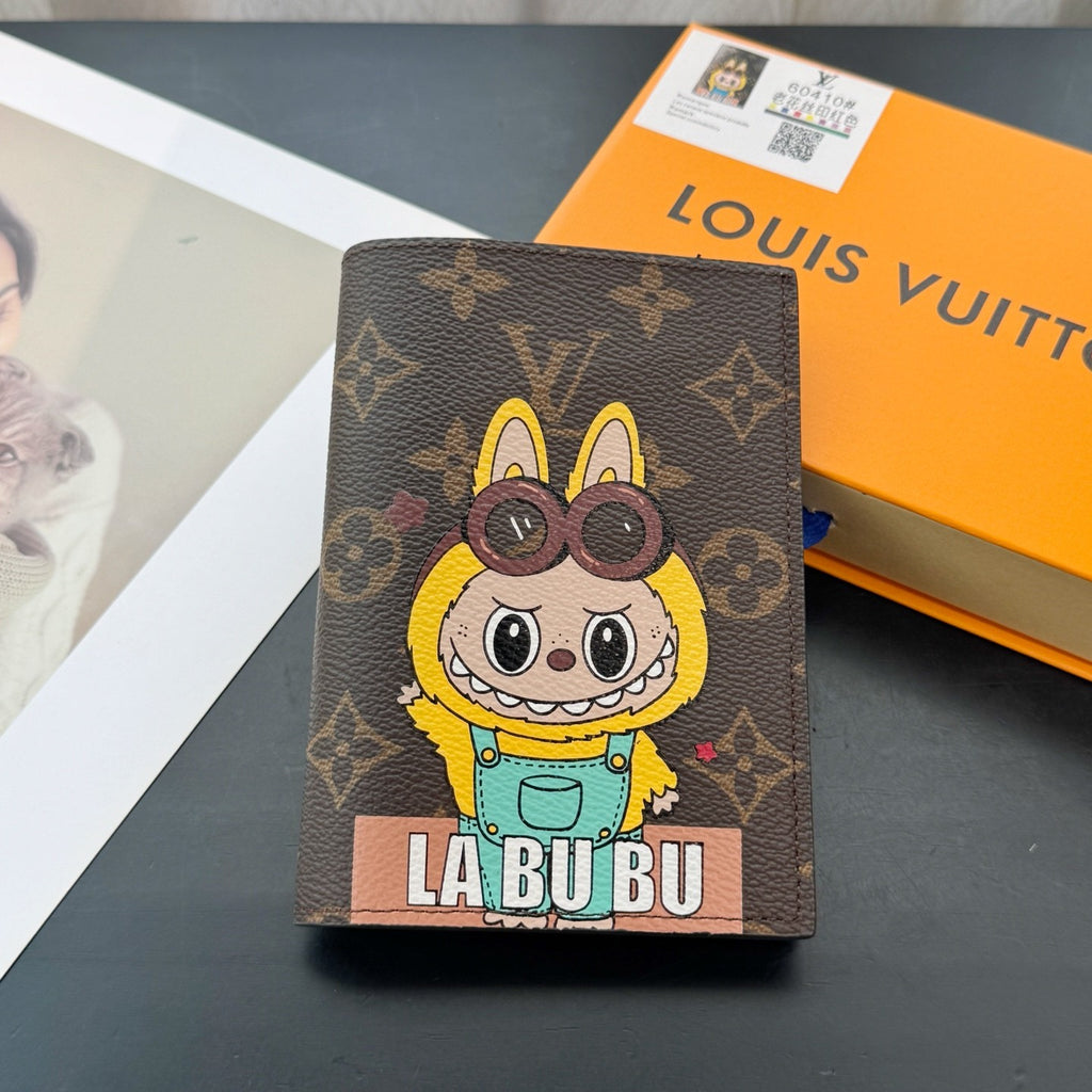 Louis Vuitton Labubu Pattern Printed Flip-Top Brown Leather Wallet Passport Holder with Letter Print Bag Bags #77788