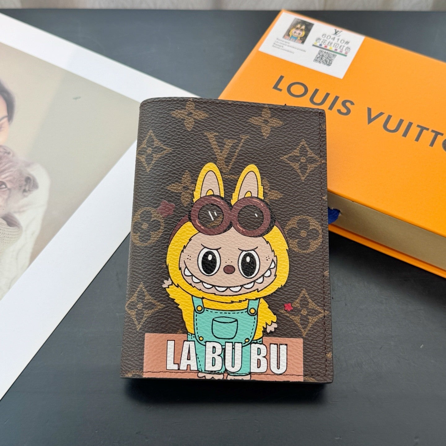 Louis Vuitton Labubu Pattern Printed Flip-Top Brown Leather Wallet Passport Holder with Letter Print Bag Bags #77788