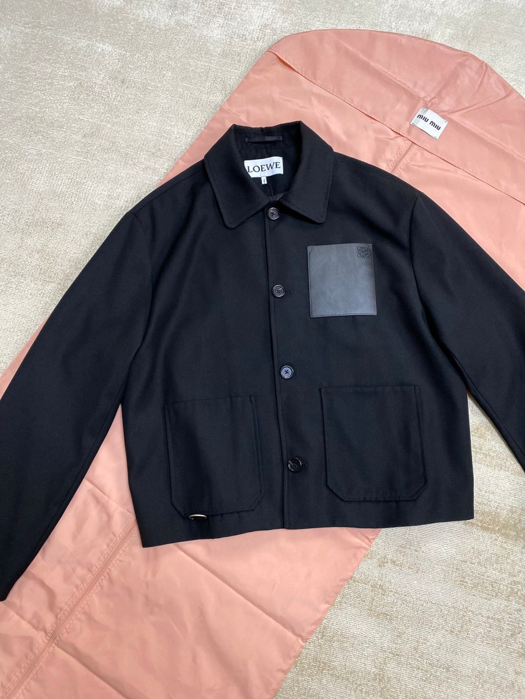 Men's Fall/Winter Logo Embossed Patch Pocket Wool Single Breasted Loose Long Sleeve Jacket #73439