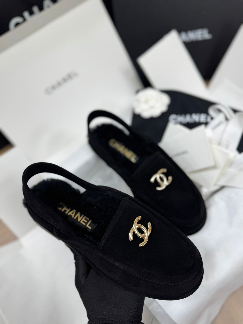 Chanel Women's Fall/Winter Casual Round Toe Slip On Teddy Fur Logo Flat Mules Shoes #79254