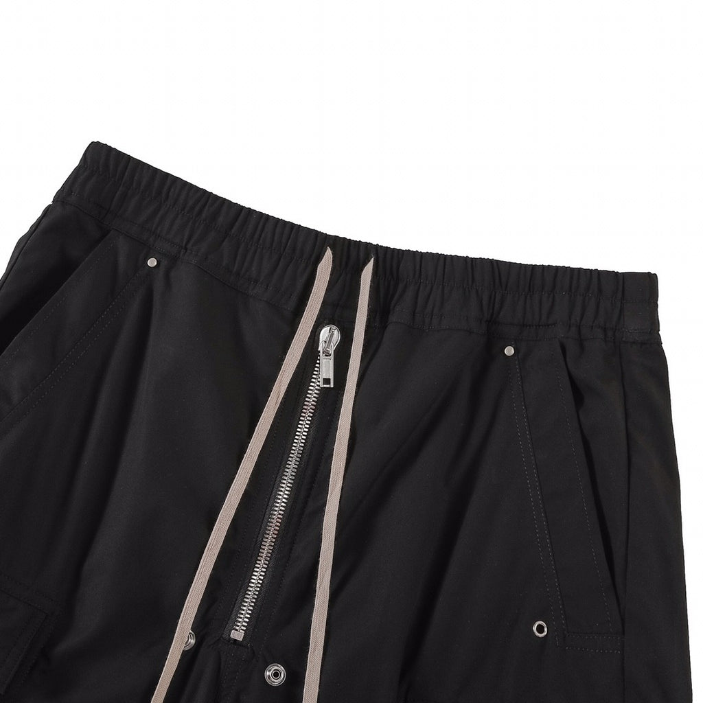 Rick Owens Men's Spring & Fall Black Multi-Pocket Drawstring Zipper Wide Leg Flared Pants #72482