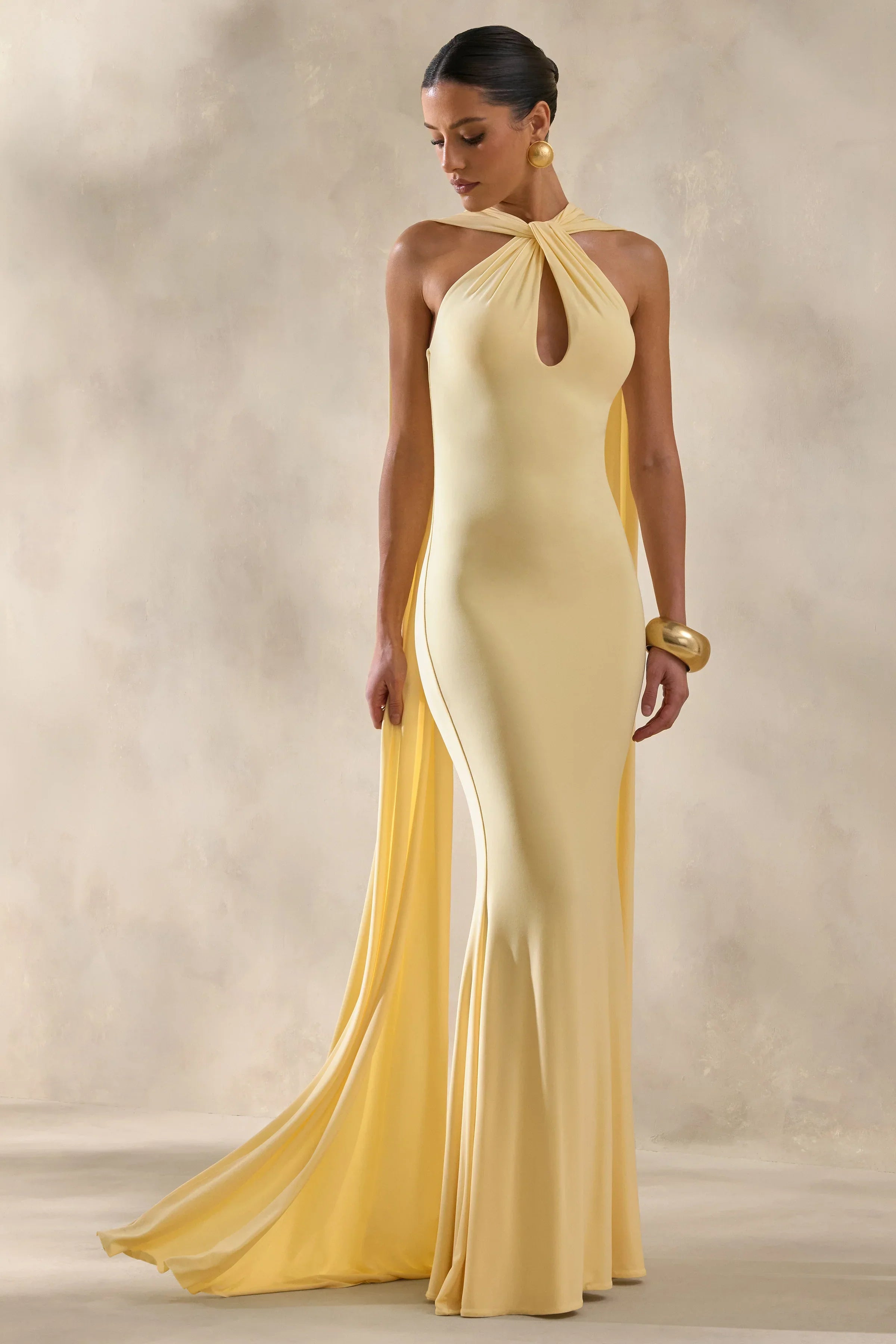 Rhoda | Lemon Twist Halter-Neck Cape Maxi Dress