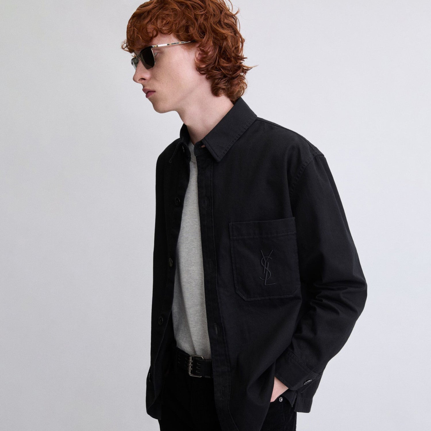 SAINT LAURENT  LE CASSANDR Men's Spring/Fall Fashion Casual Solid-Color Long-Staple Combed Cotton Collared Single-Breasted Long-Sleeve Embroidered Logo Shirt Jacket #78998