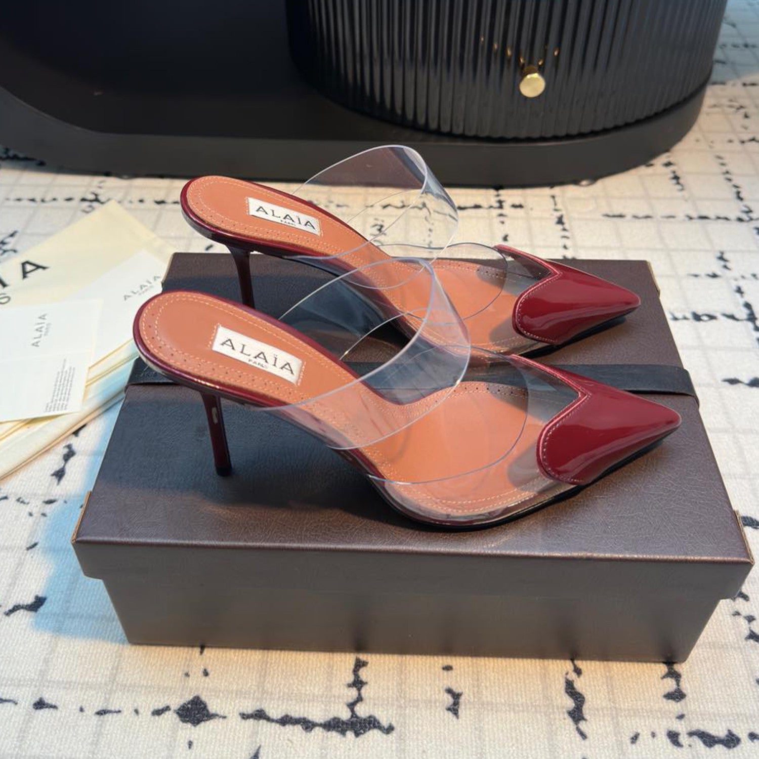 Alaia Women's  High Love Fine Heel Sandals Patent Leather Cowhide Fashion Elegant High Heel Leather Bottom High Heel Shoes #81433